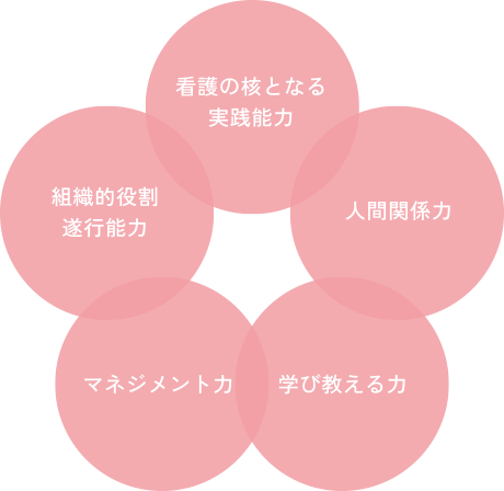 看護の核となる実践能力、人間関係力、学び教える力、マネジメント力、組織的役割遂行能力